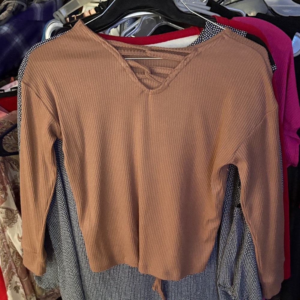 Place Camel Ribbed V-Neck Blouse